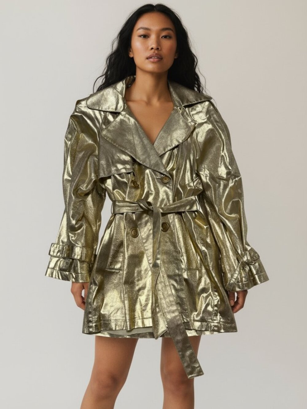 Coverups Metallic Gold Trench Coat Double Breasted Belted Jacket Liquid Gold M